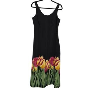 Vintage Y2K Alyn Paige Tulip Floral Hem Babydoll Black Maxi Dress Made in USA S